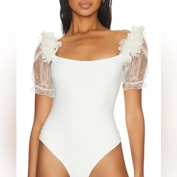 New Free People Floral-Adorned Puff Sleeves Off White Ivory Stretchy Bodysuit